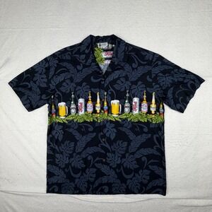 Aloha Republic Mens XL Beer Bottle Tropical Hawaiian Shirt Black Cotton Hawaii